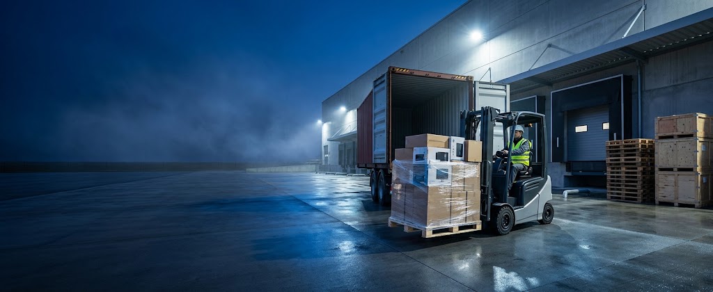 Hero 1 — container, forklift and warehouse supply scene